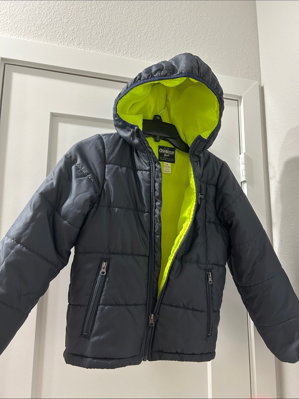 OshKosh B'gosh Gray Puffer Jacket with Neon Yellow Lining